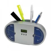 Часы настольные с термометром, гигрометром и подставкой для авторучек "Панель приборов"; синий; 18х9,3х7,2 см; пластик